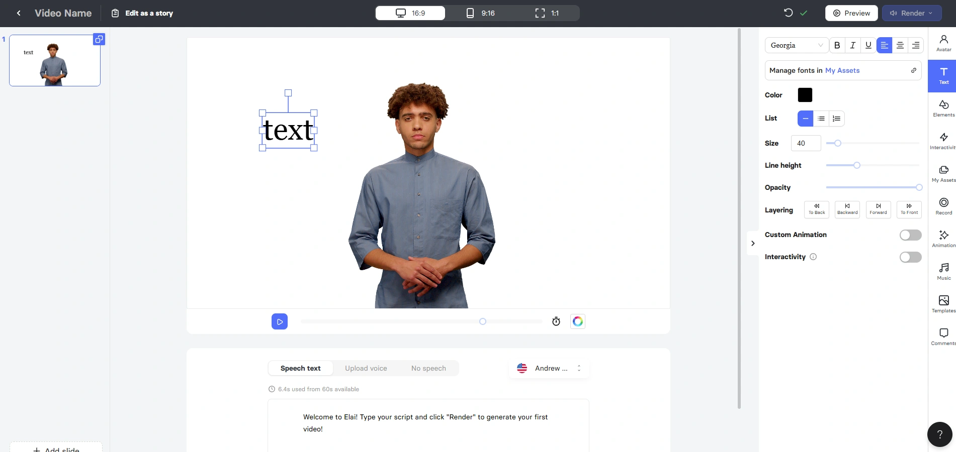 Elai's speech text interface.