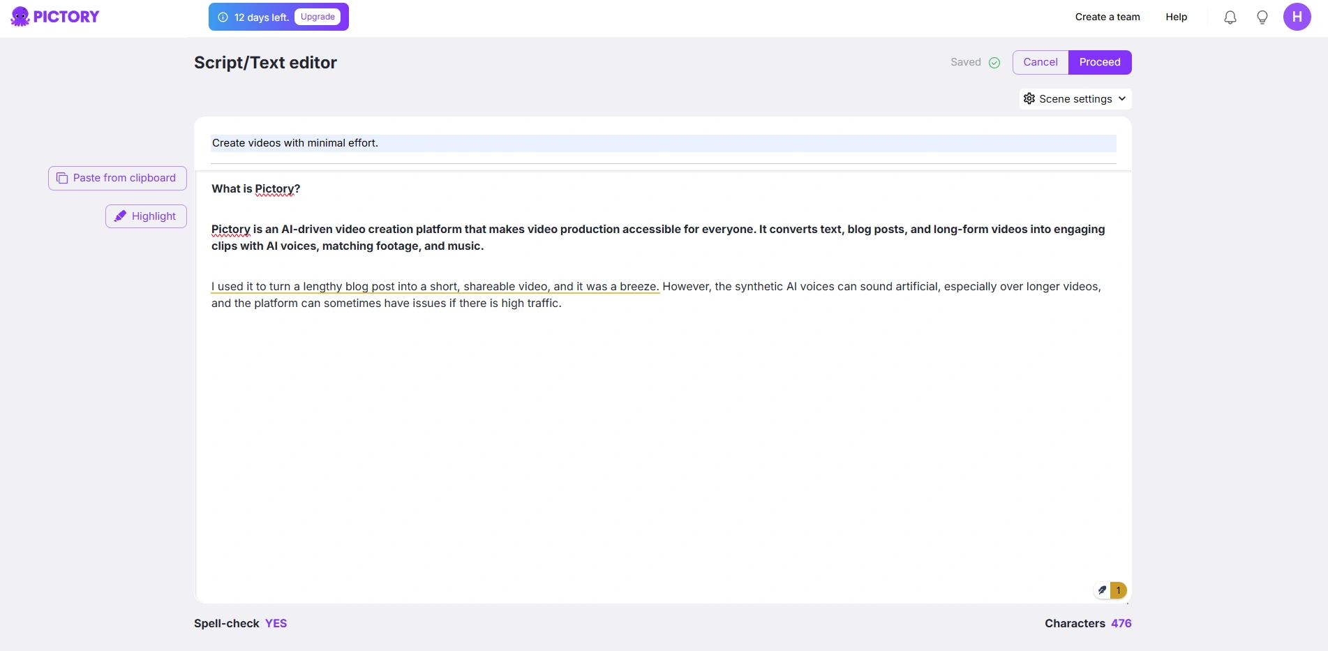 Pictory's text editor page.