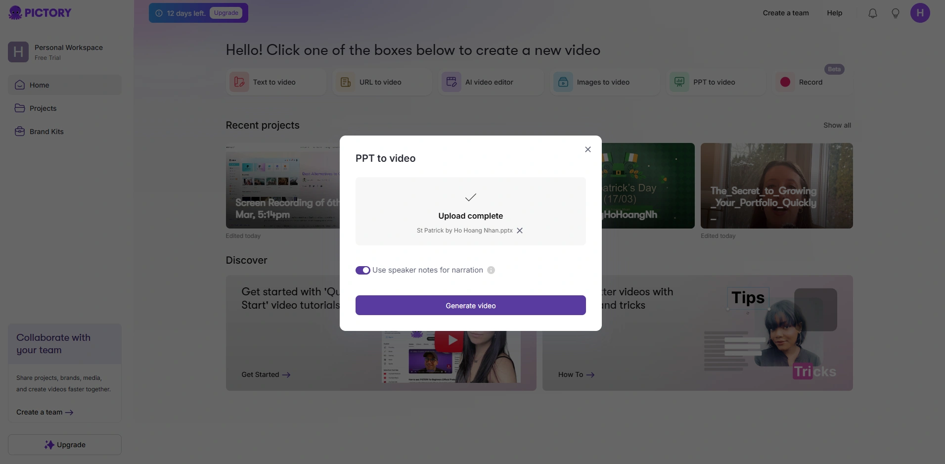 Pictory's PPT to video interface.