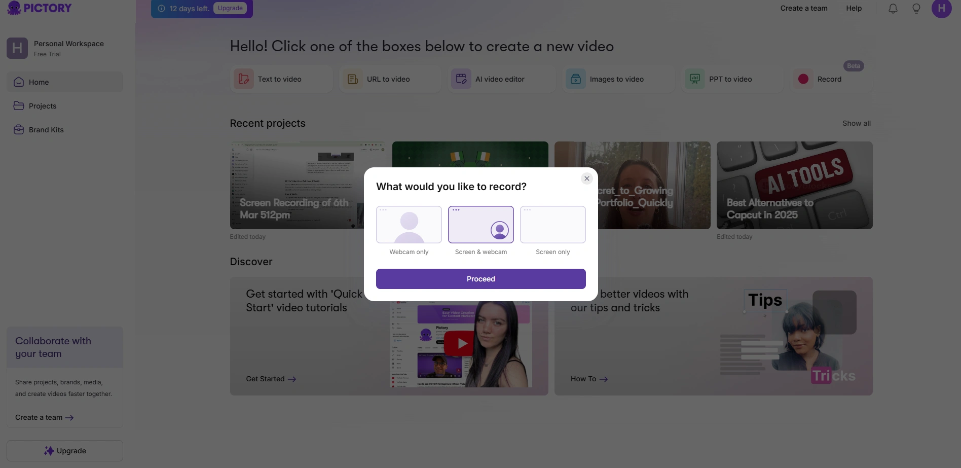 Pictory's record option interface.