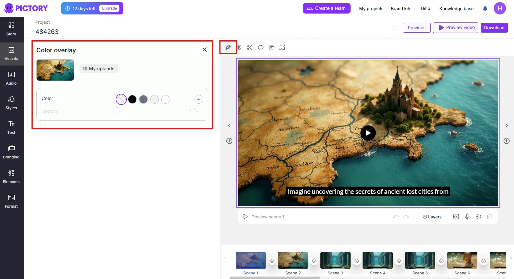 Pictory's visual effects interface.