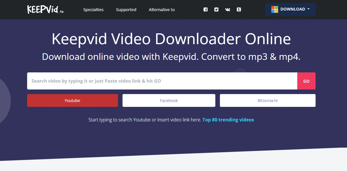 KeepVid's homepage.