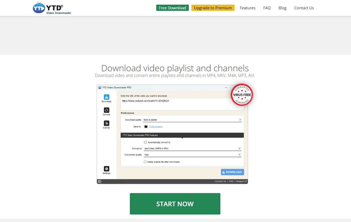 YTD's video downloader page.