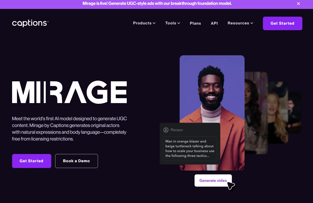 Mirage by Caption.AI's homepage.