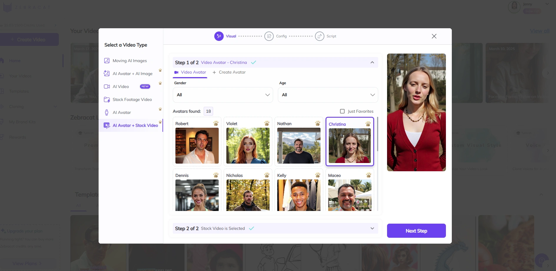 Zebracat's video avatar selection interface.