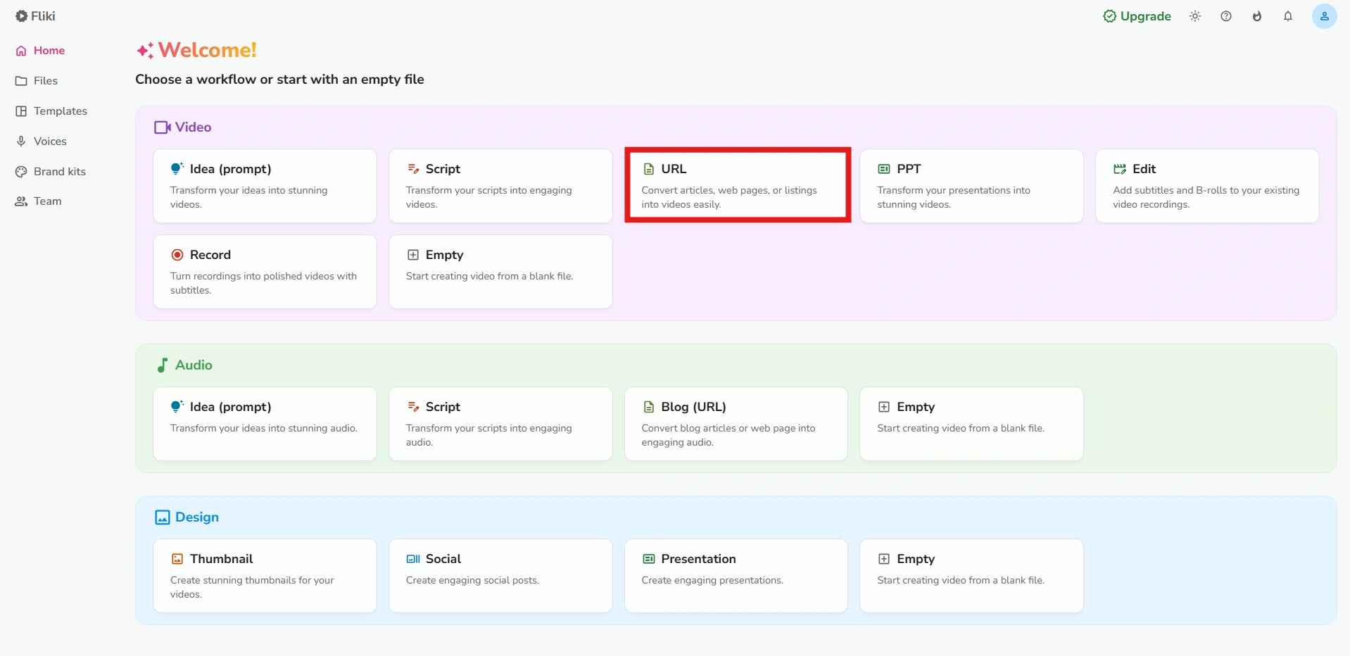 Flicki's user interface highlighting "URL".