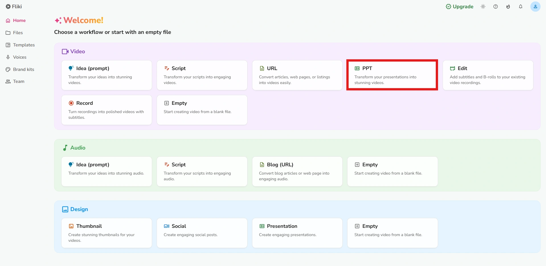 Flicki's user interface highlighting "PPT".