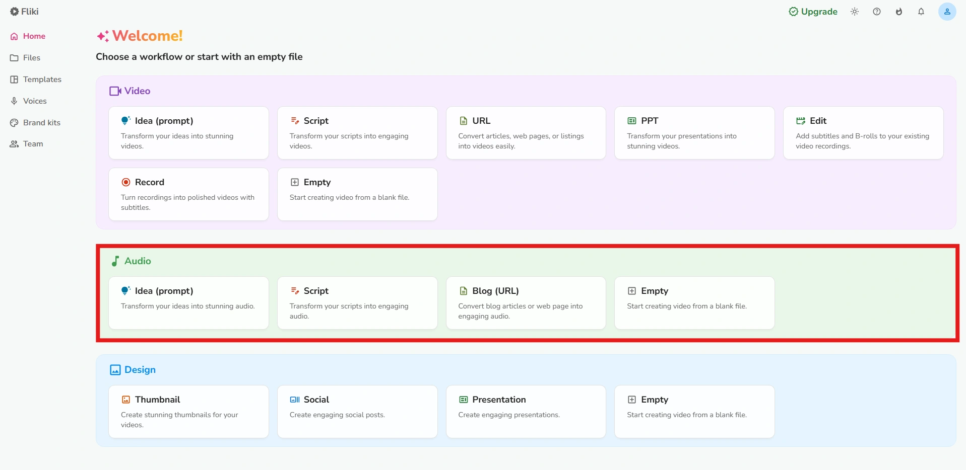 Flicki's user interface highlighting "Audio" section.