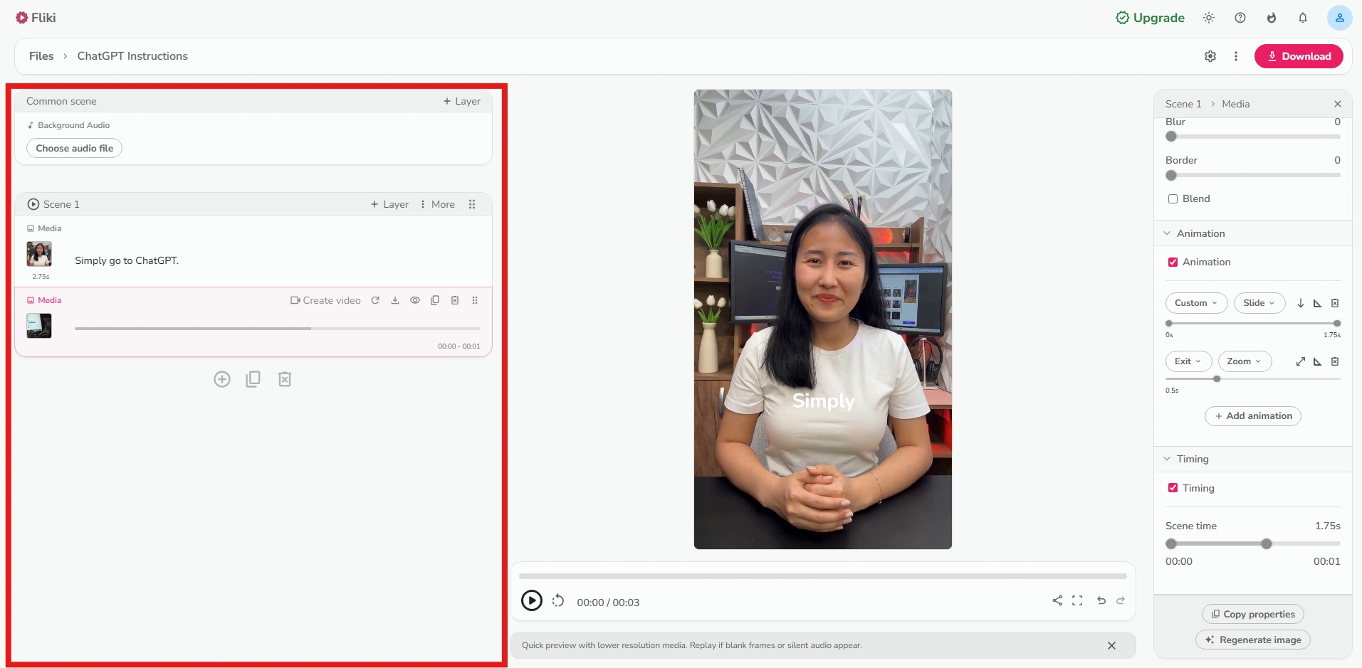 Fliki's editor page highlighting audio file tab.