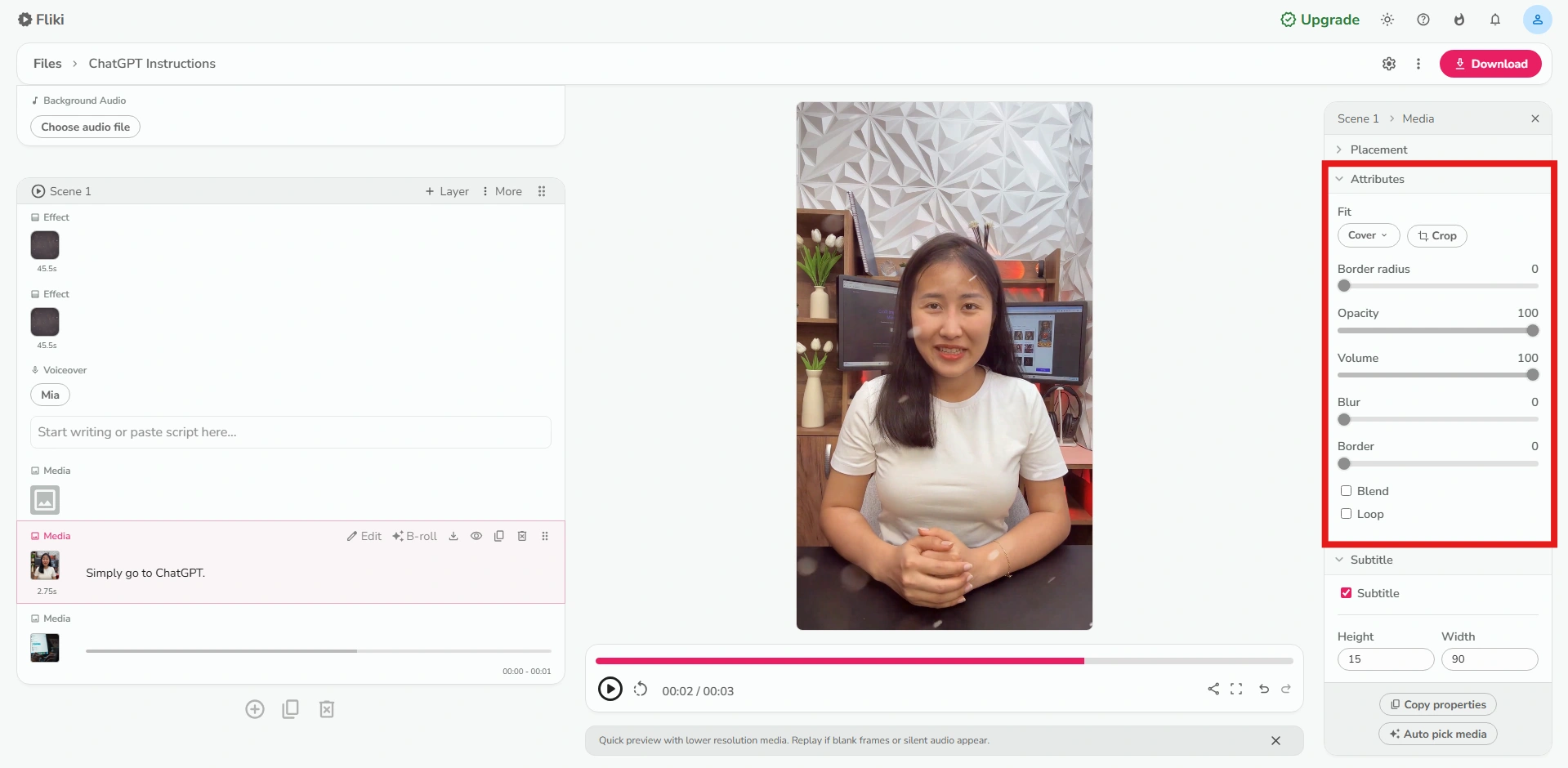 Fliki's visual enhancement options tab.