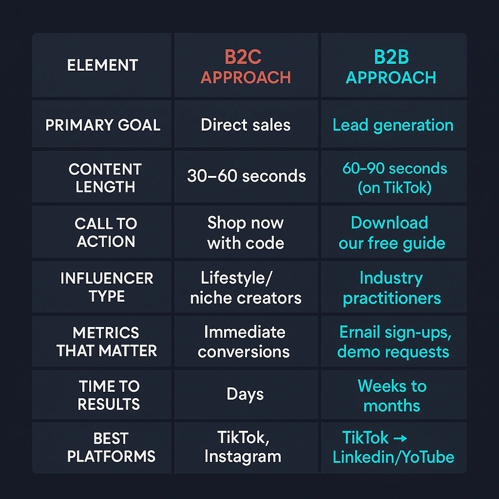 A comparison chart highlighting B2C and B2B marketing approaches across various platforms.