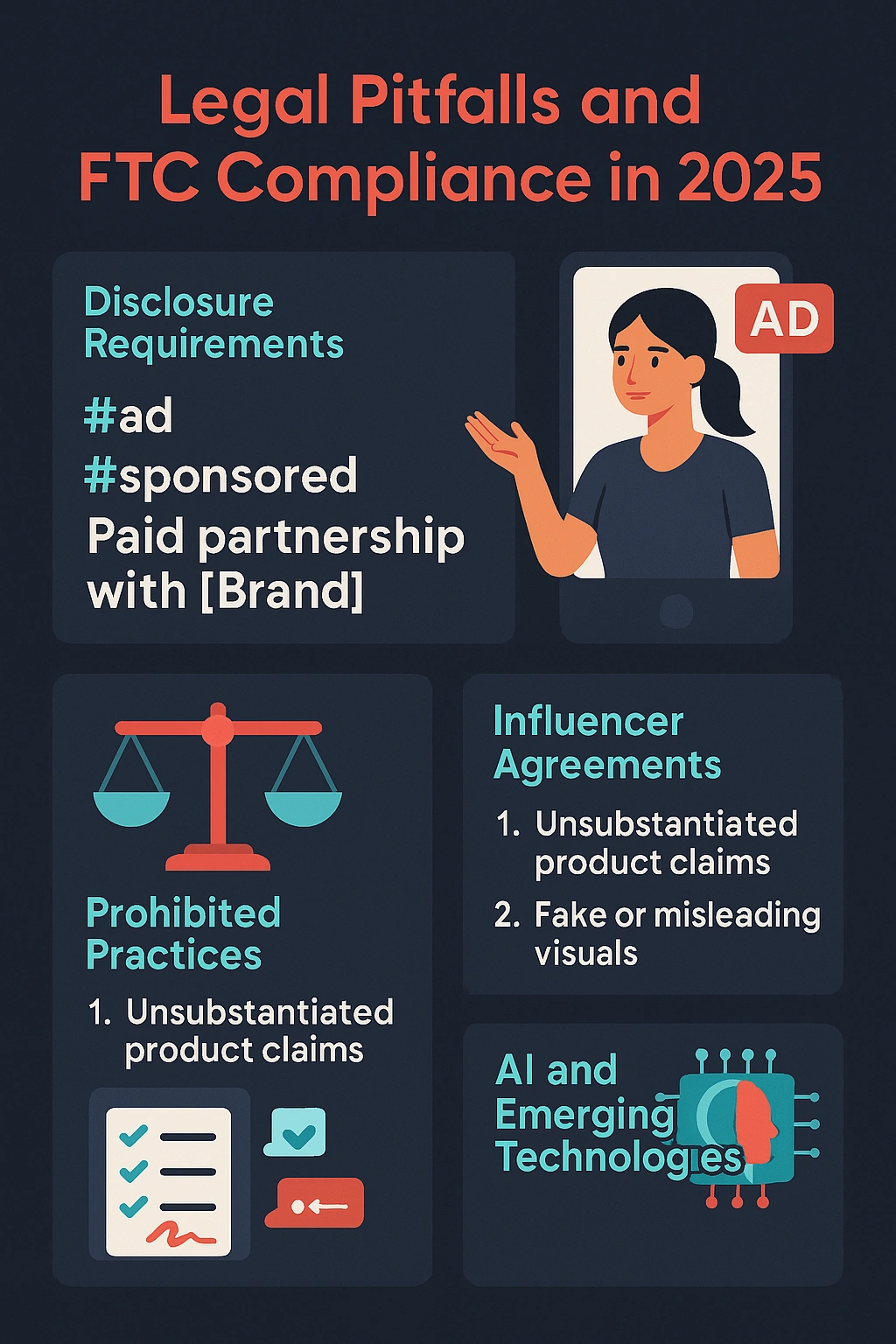 Graphic outlining legal challenges and FTC compliance for influencers in 2025.