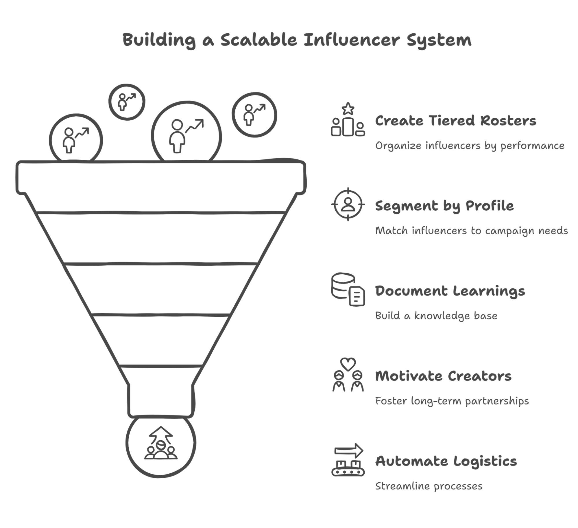 A diagram illustrating a scalable influencer system, featuring key strategies.