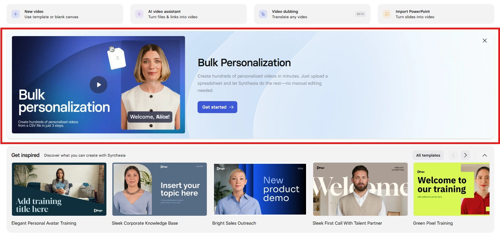 Synthesia’s bulk personalization banner with avatar.