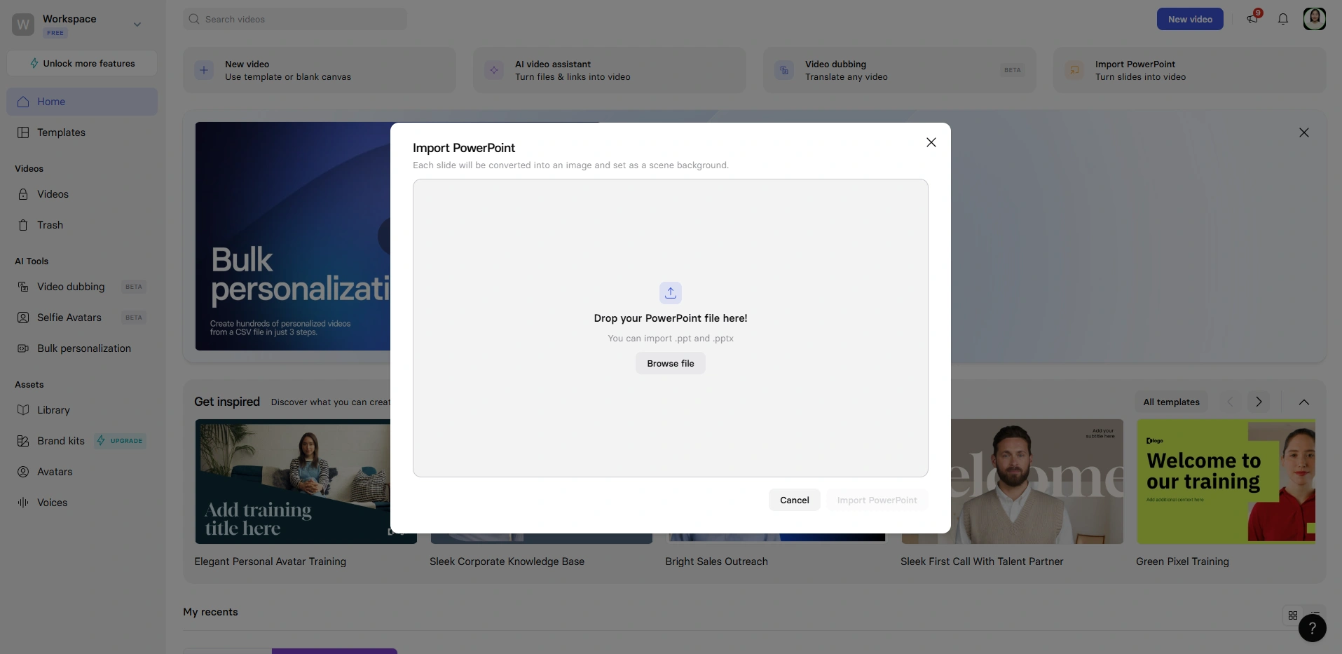 Synthesia PowerPoint import screen with upload prompt.
