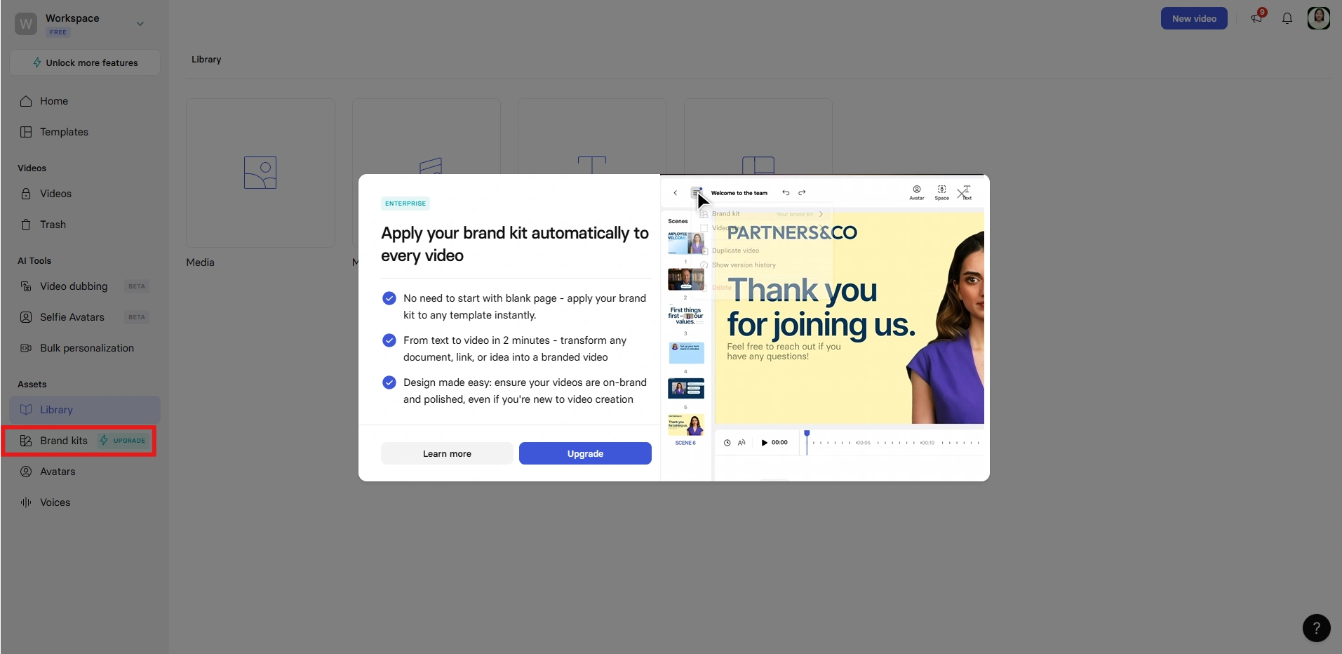 Synthesia’s brand kits upgrade prompt with preview.