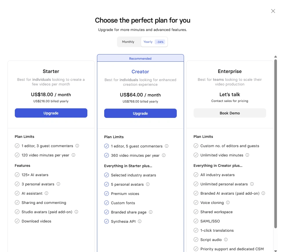 Synthesia pricing plans comparison: Starter, Creator, Enterprise.