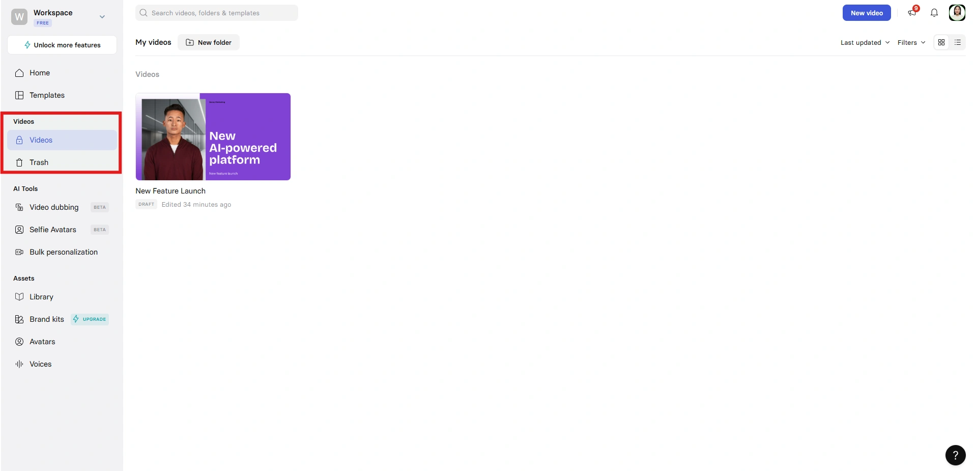 Synthesia’s video library showing a draft project.