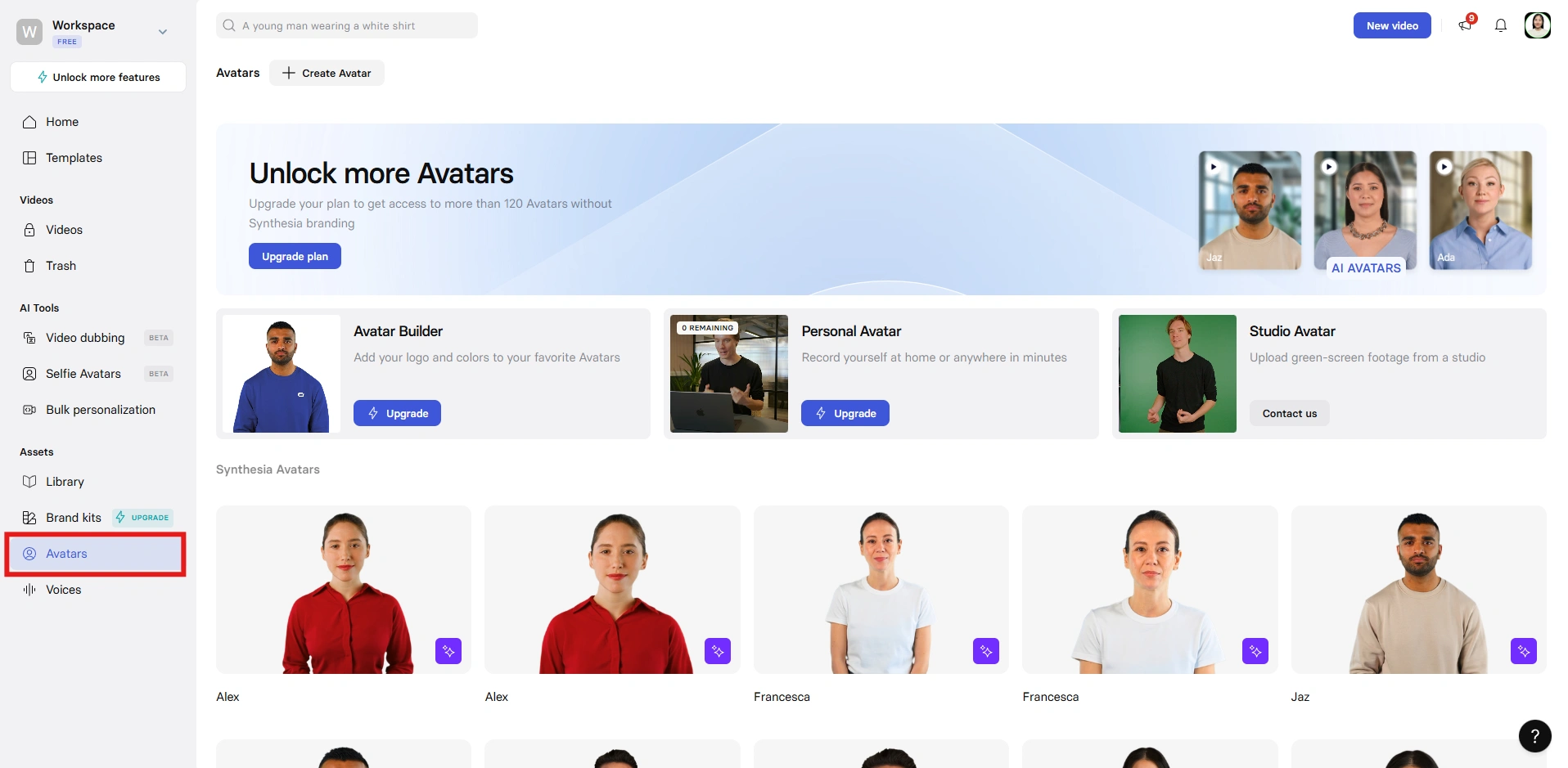 Synthesia’s avatars page with upgrade options and preview.