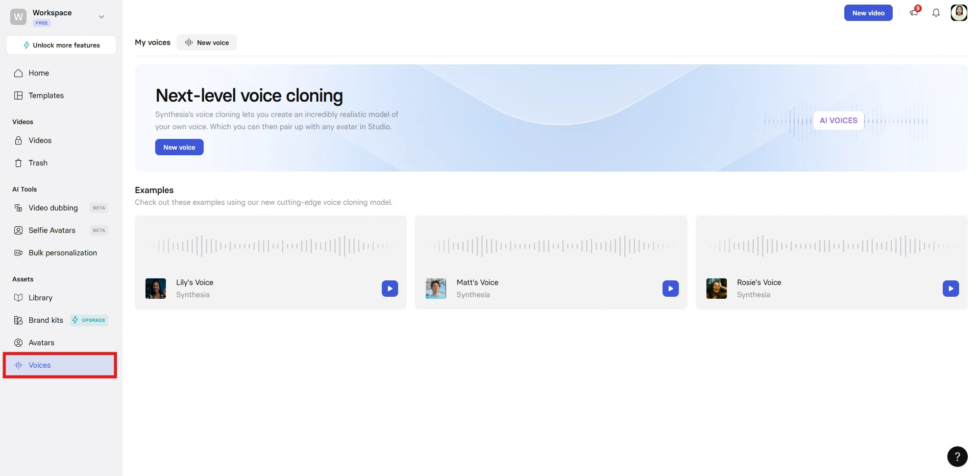 Synthesia’s voice cloning page with example voices.