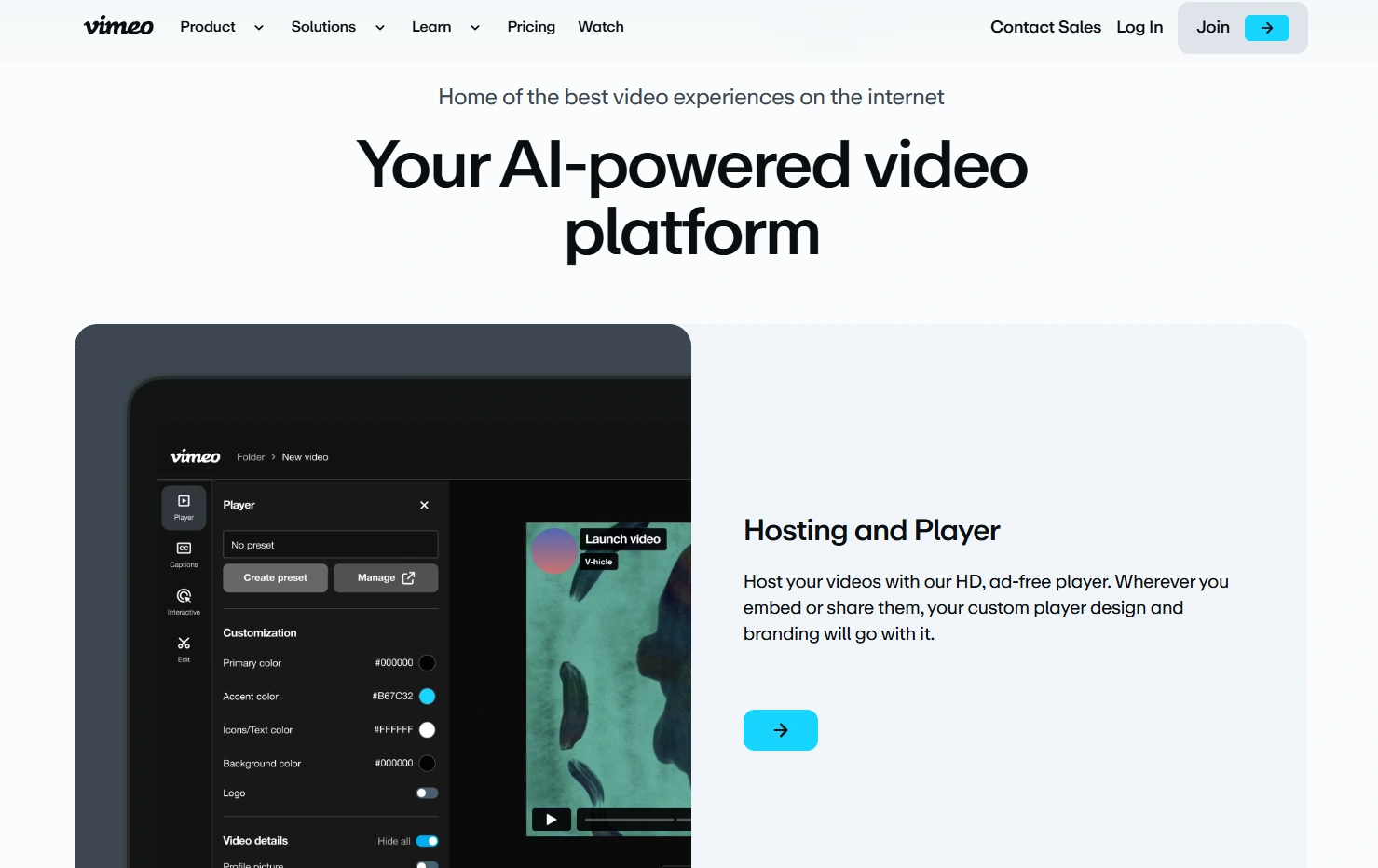 Vimeo homepage highlighting AI-powered video hosting and player.