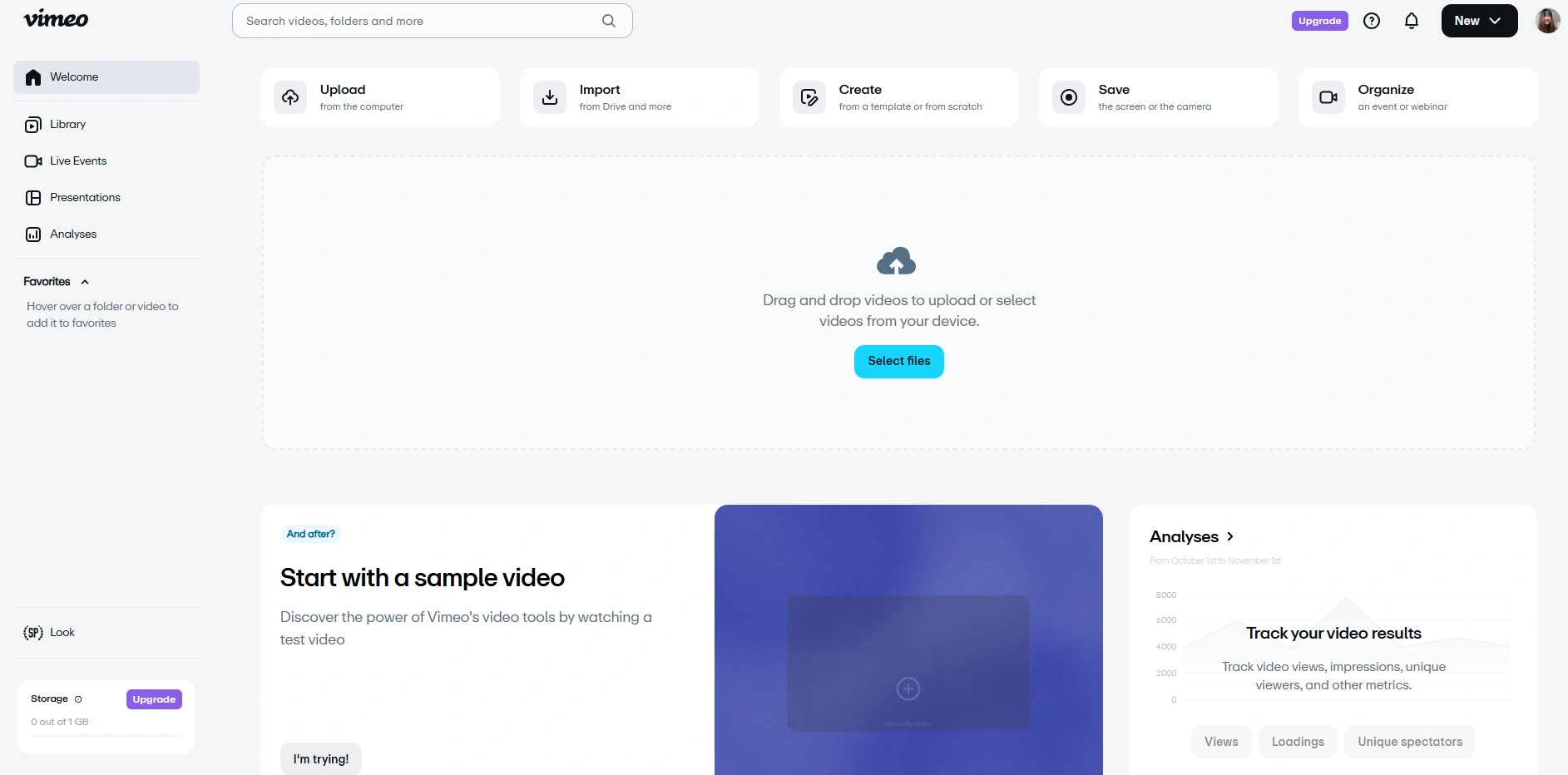 Vimeo upload dashboard with video tools and analytics.