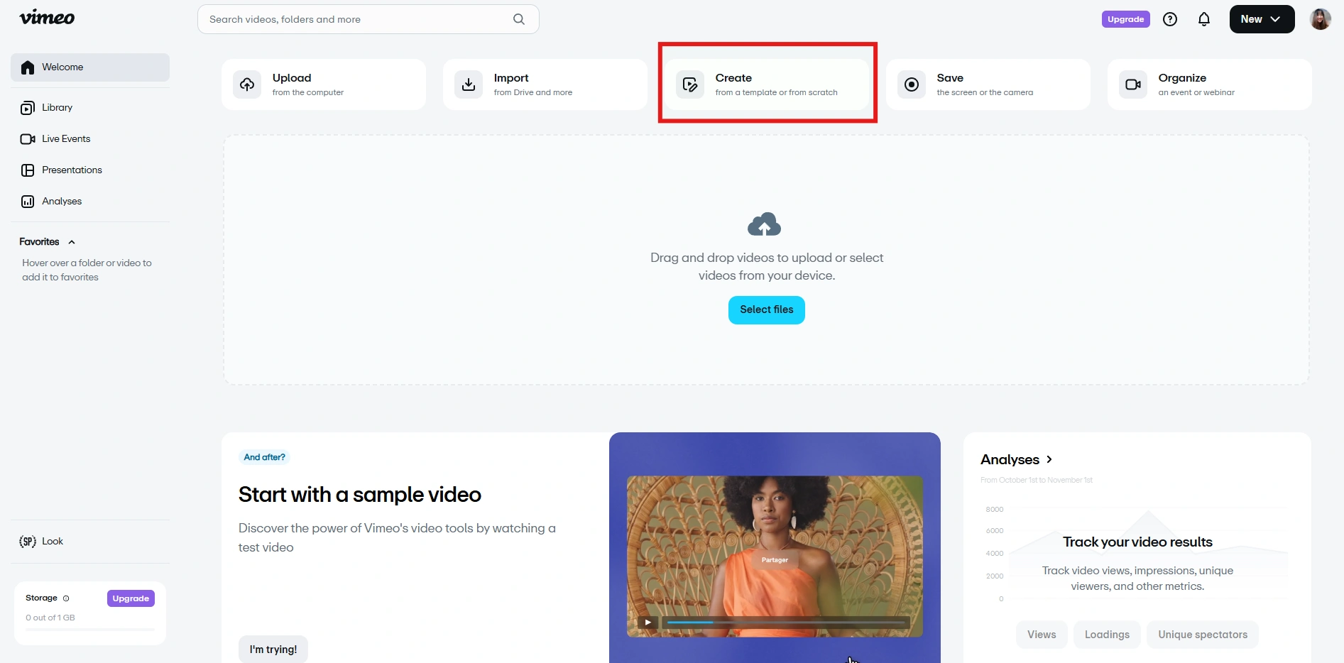 Vimeo create video option highlighted on upload dashboard.