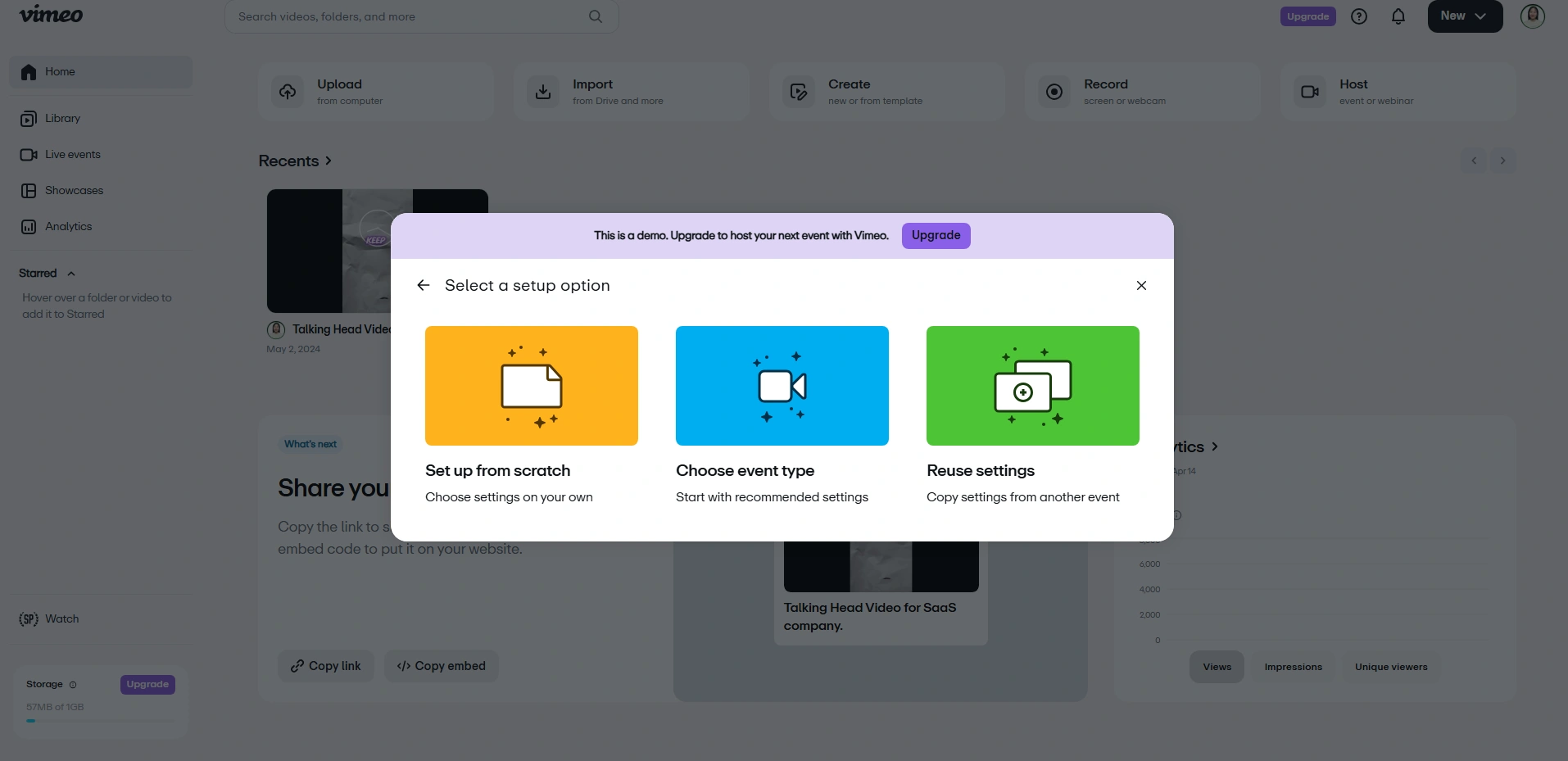 Vimeo event setup screen with three options: scratch, event type, reuse.