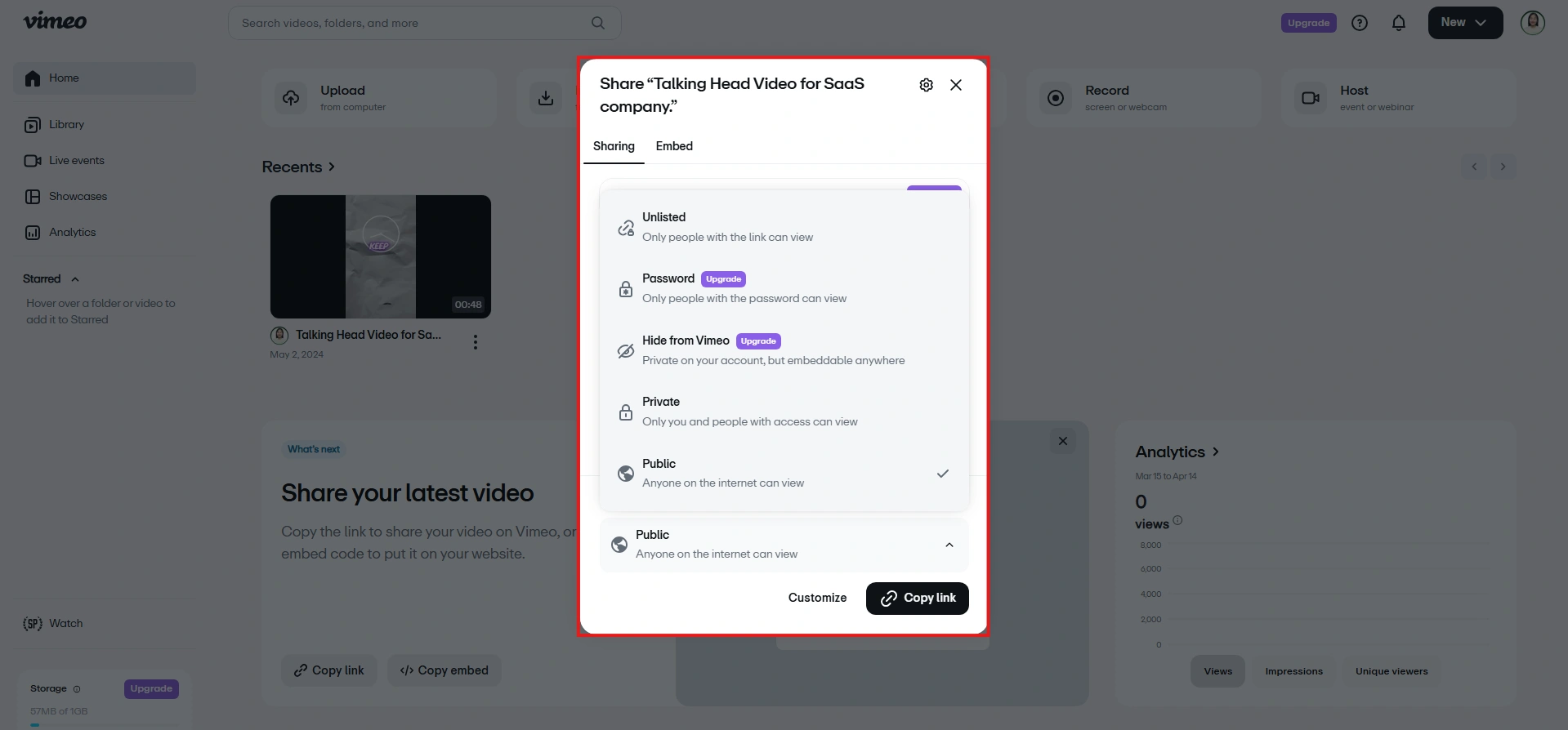 Vimeo video sharing settings with privacy options.