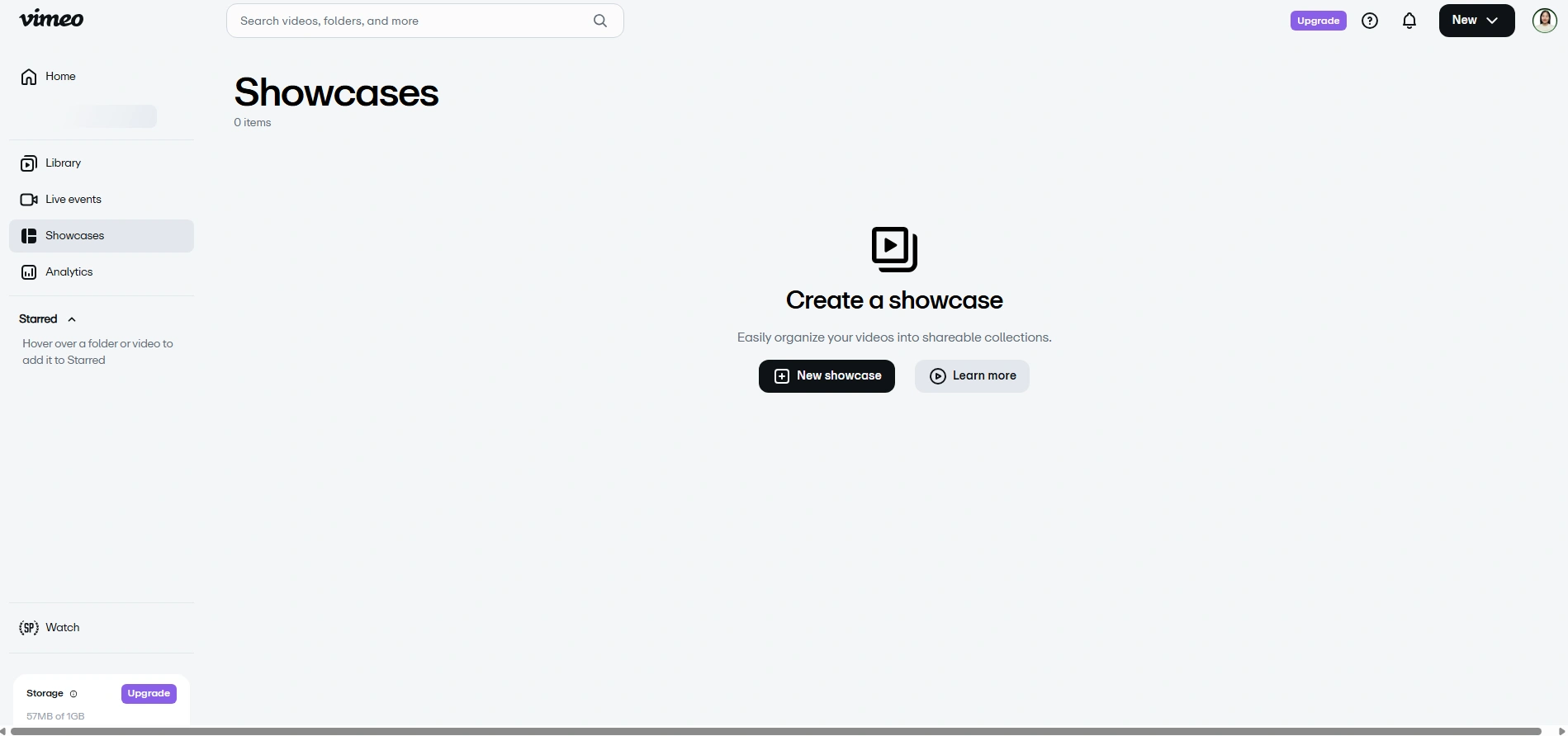 Vimeo showcase creation page with empty library.