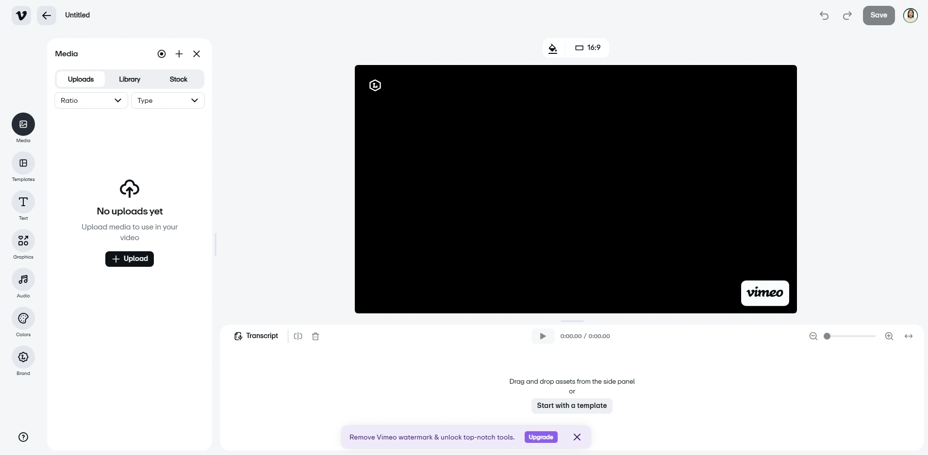 Vimeo video editor interface with upload and editing tools.