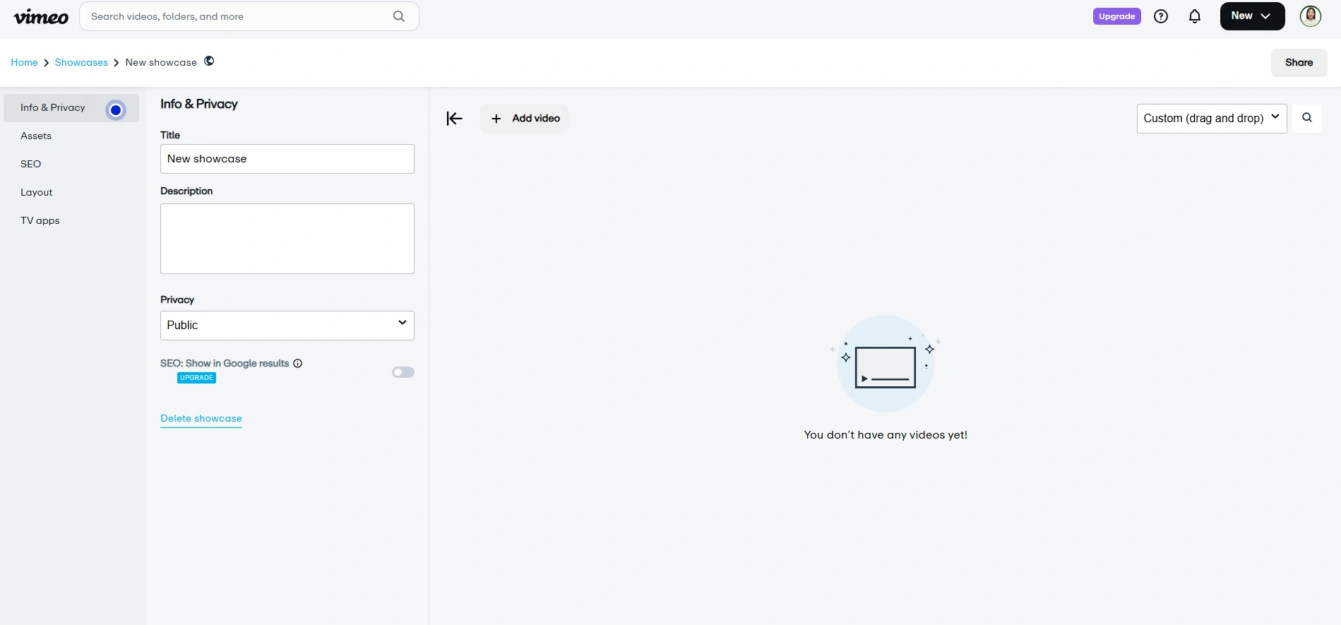 Vimeo showcase editor with privacy settings and video uploader.