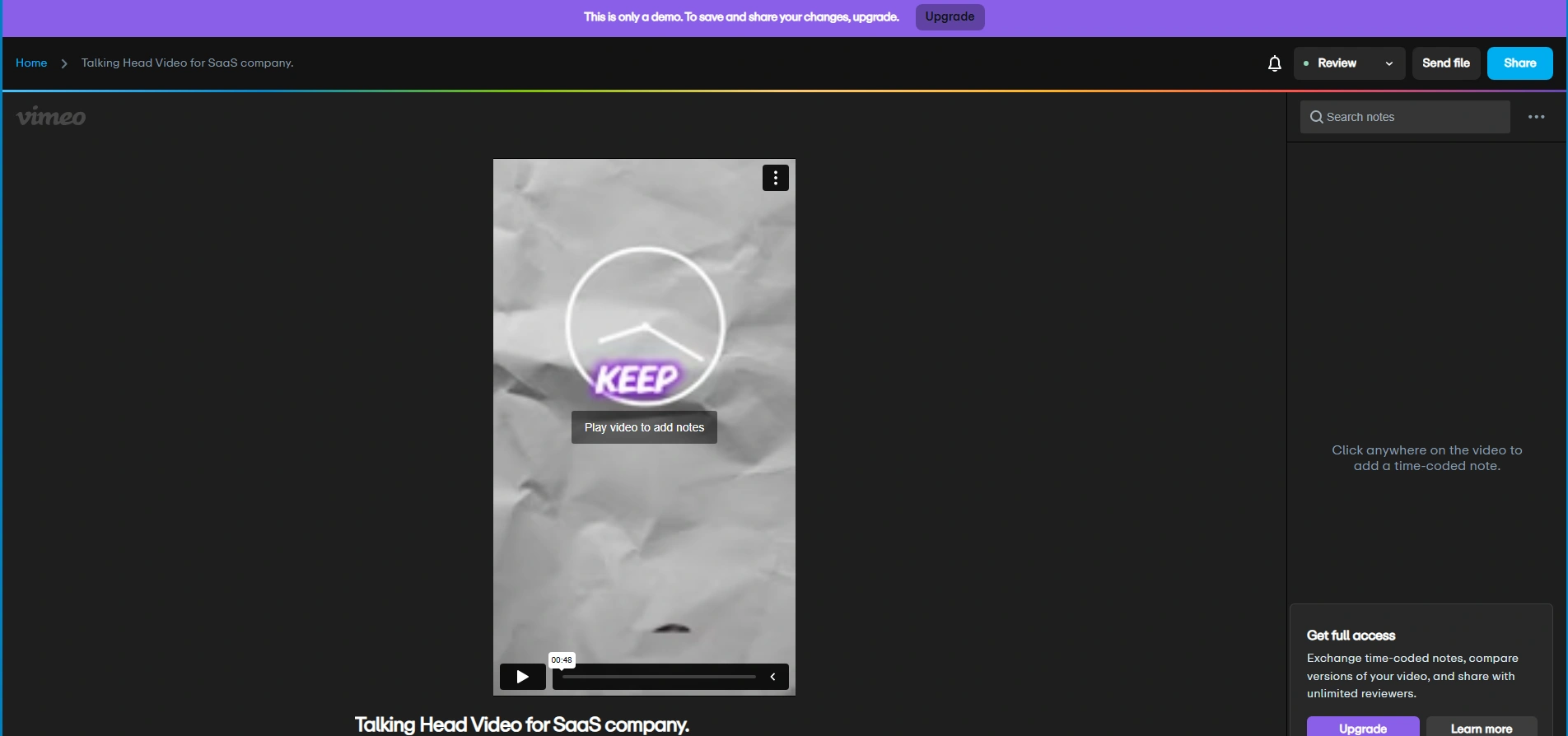 Vimeo review mode showing demo video with note-taking options.