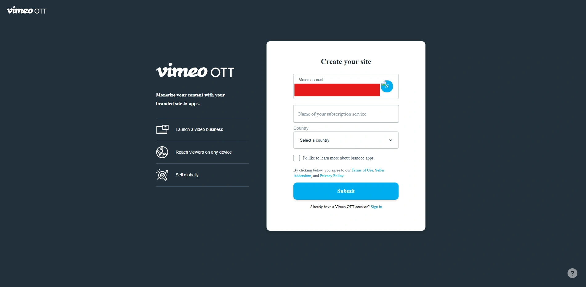 Vimeo OTT site creation form interface.