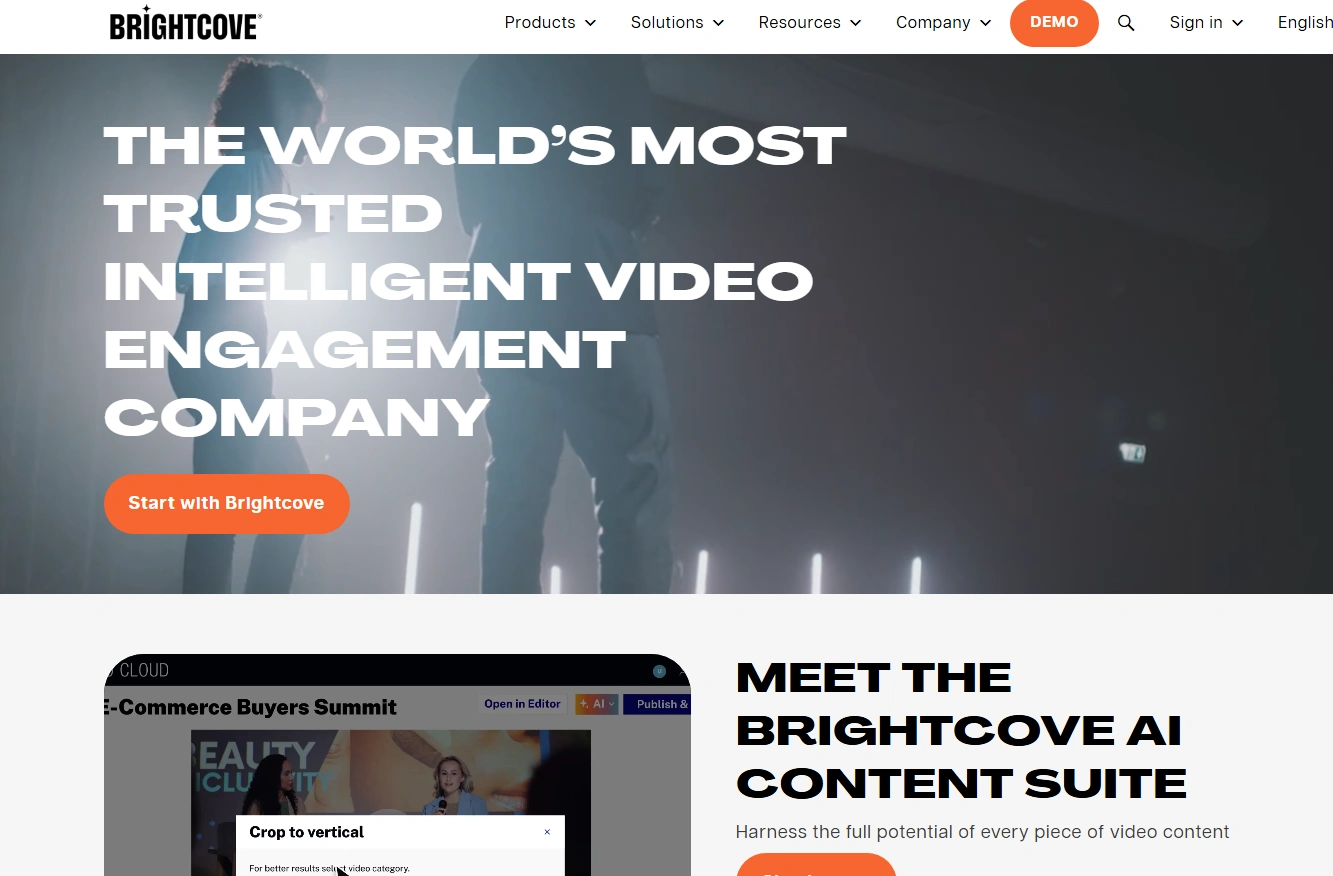 Brightcove homepage promoting AI video engagement.