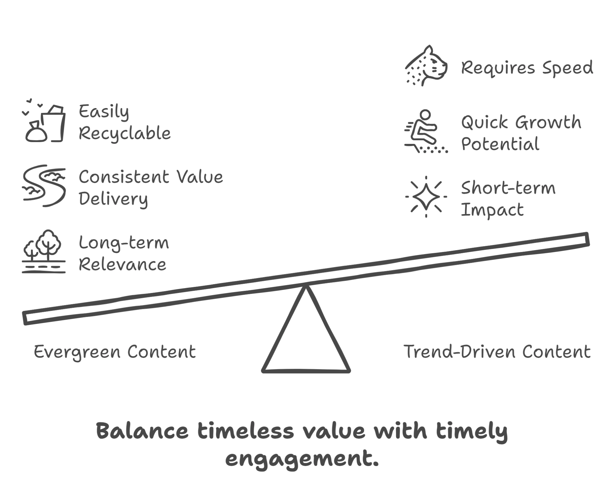 Evergreen vs. trend-driven content balance scale.