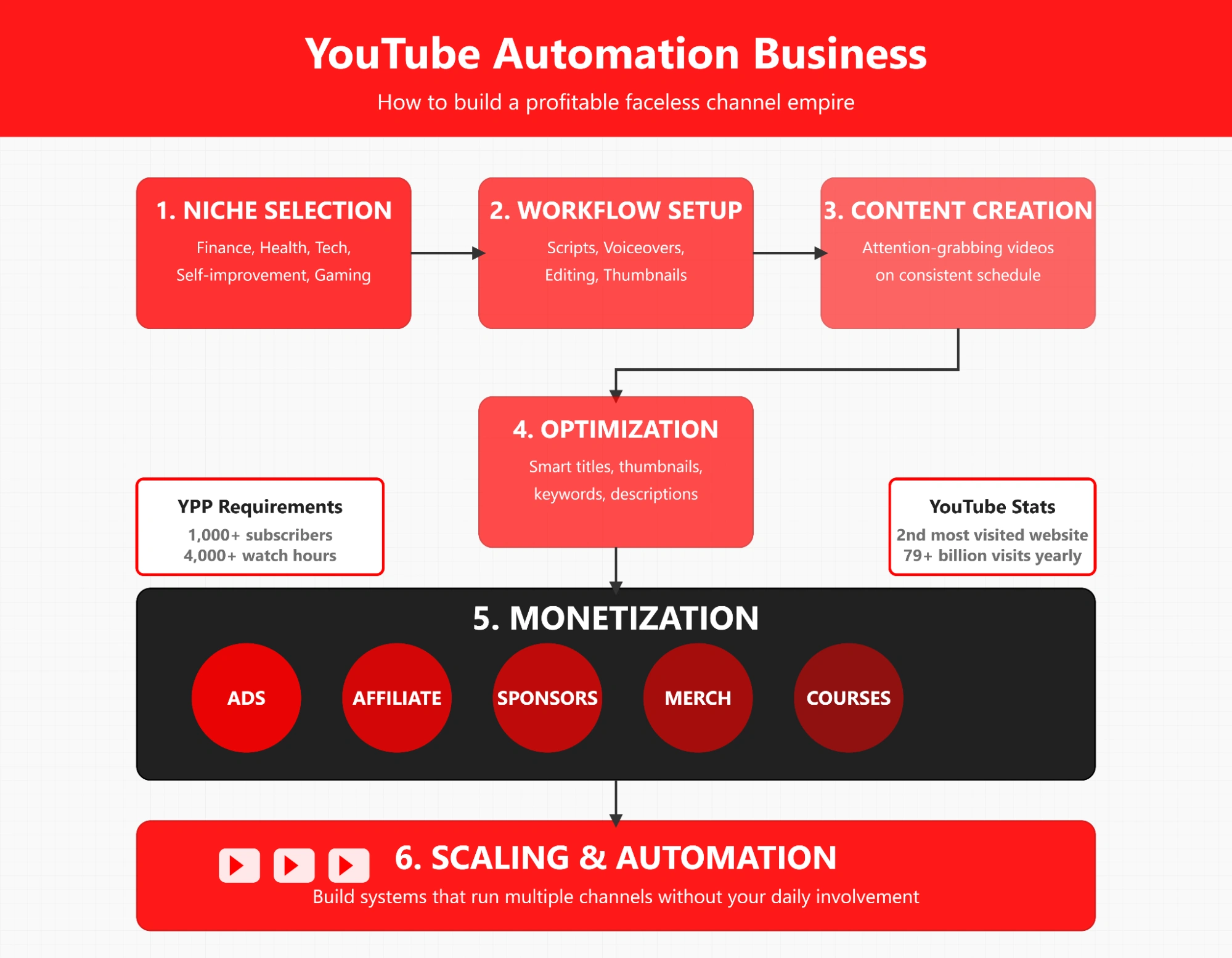 YouTube automation business flow from niche selection.