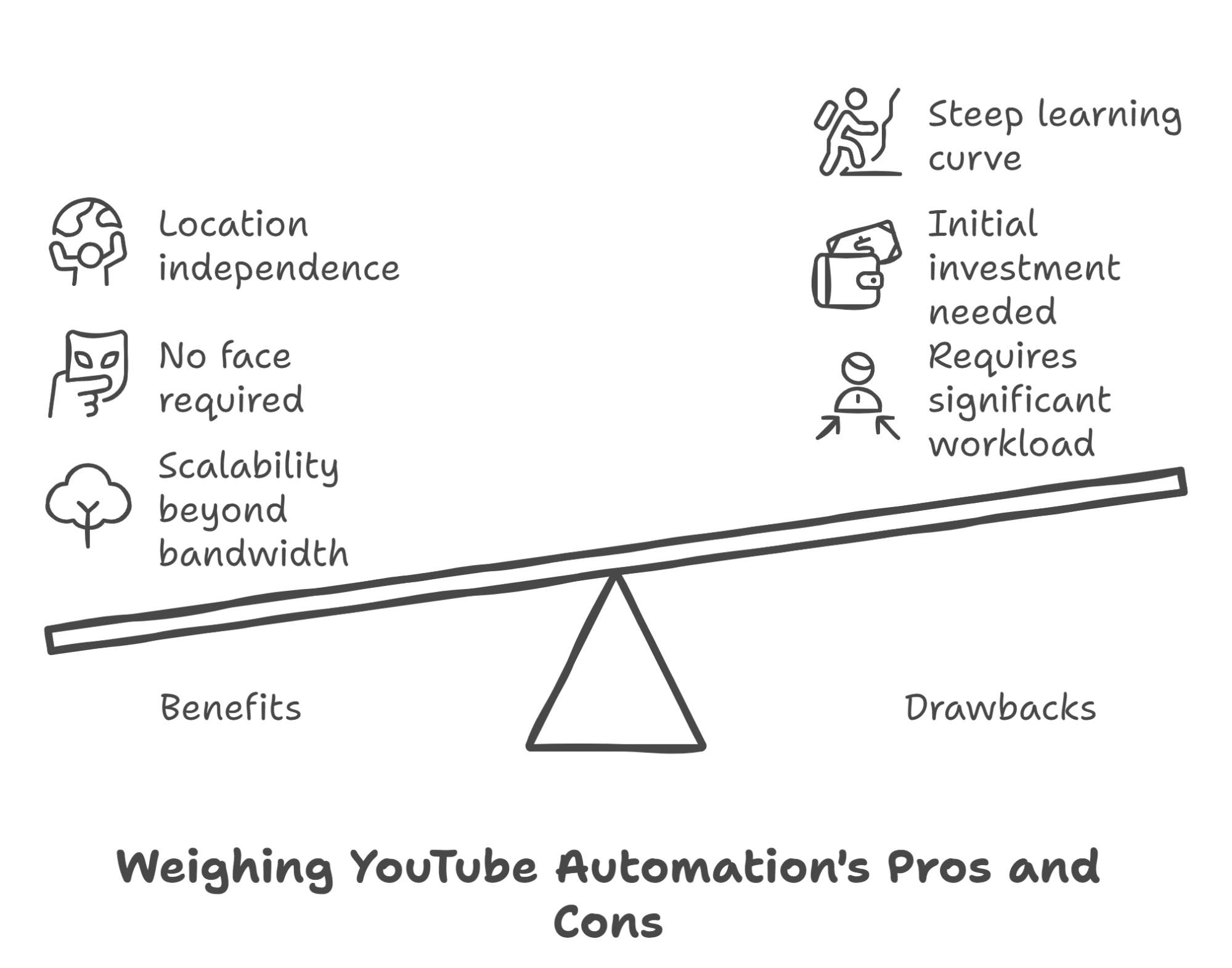 Seesaw comparing YouTube automation benefits, drawbacks.