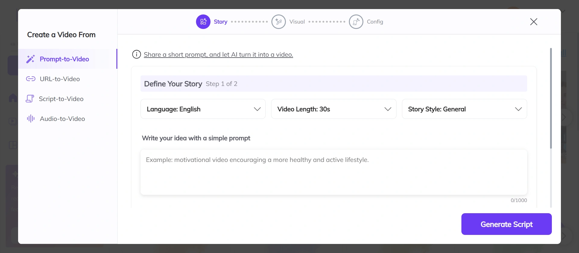 Zebracat prompt-to-video interface with script input.
