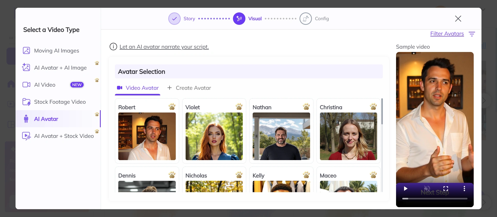 Zebracat AI avatar selection screen with preview.