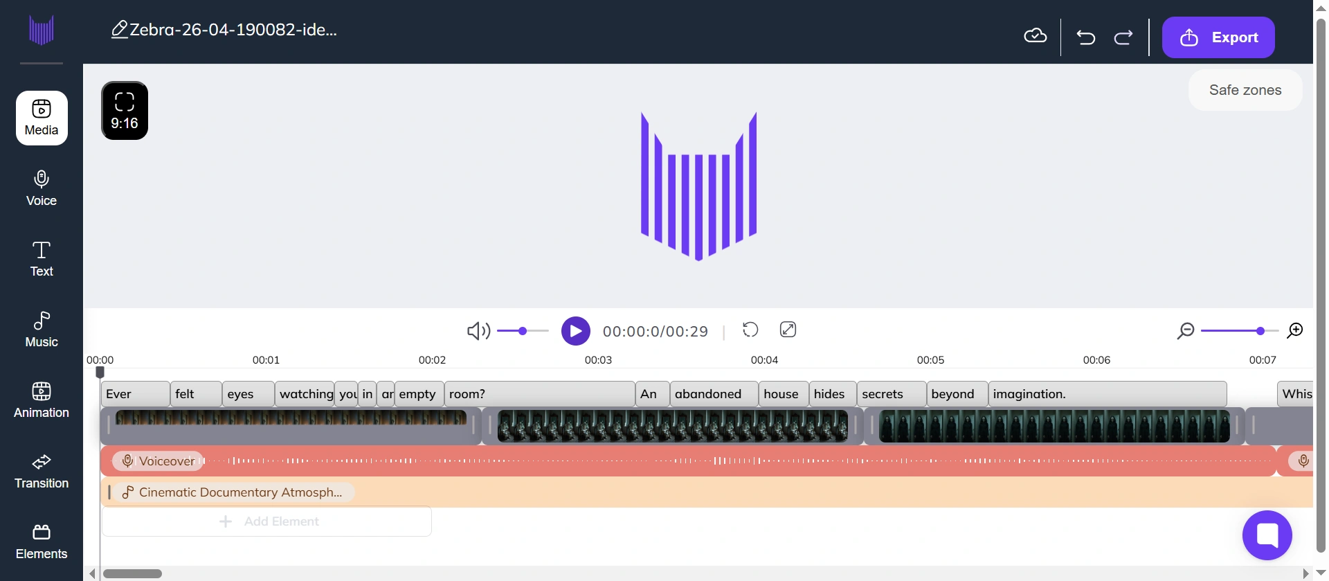 Video editing screen in Zebracat with elements.