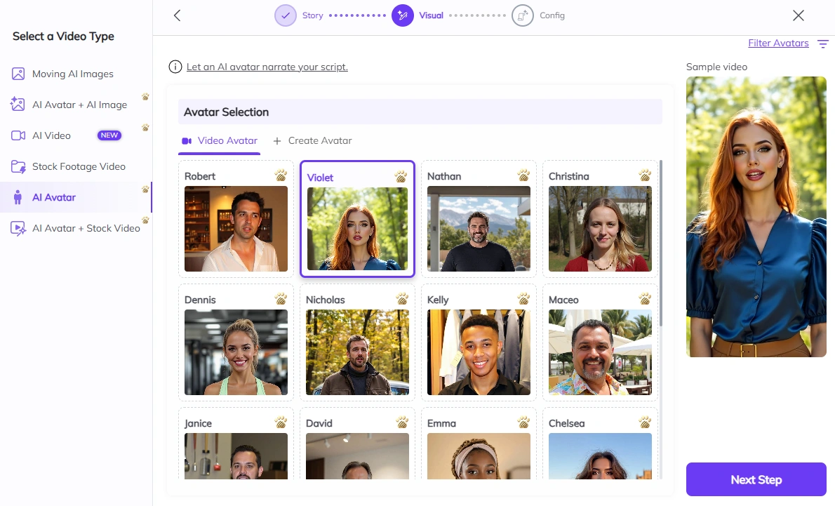 Zebracat AI avatar selection screen interface.