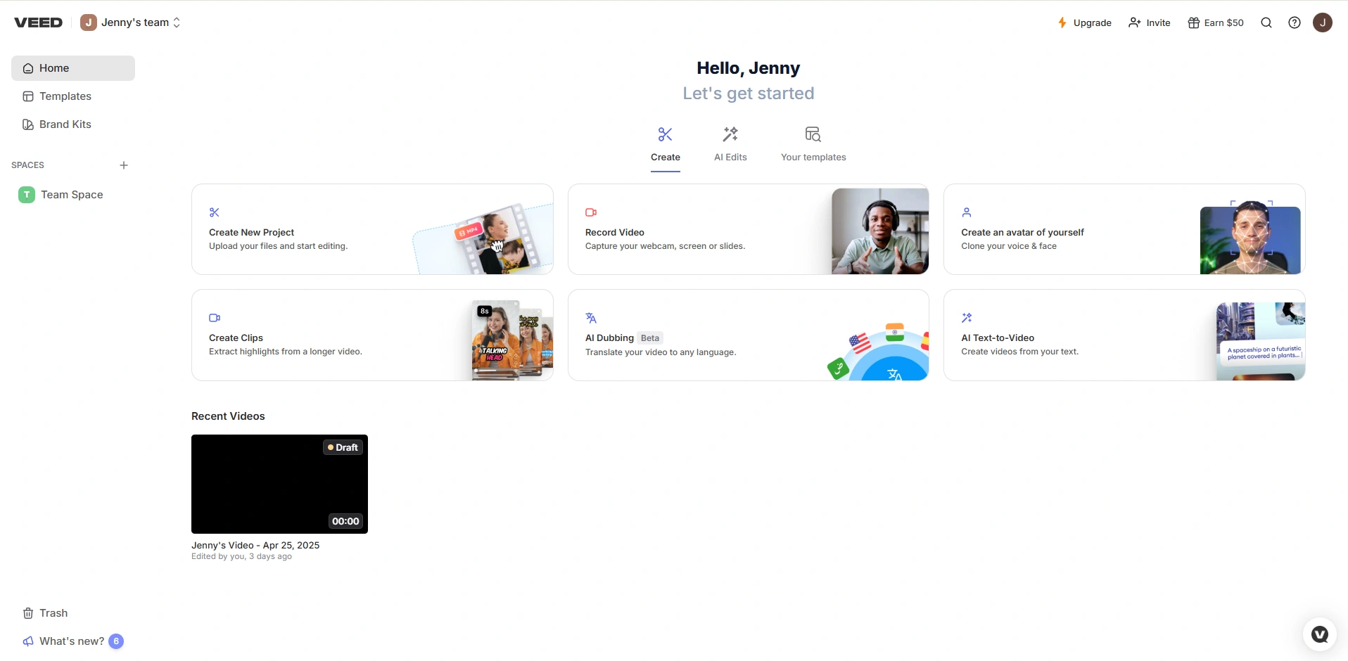 VEED team dashboard with video creation options.