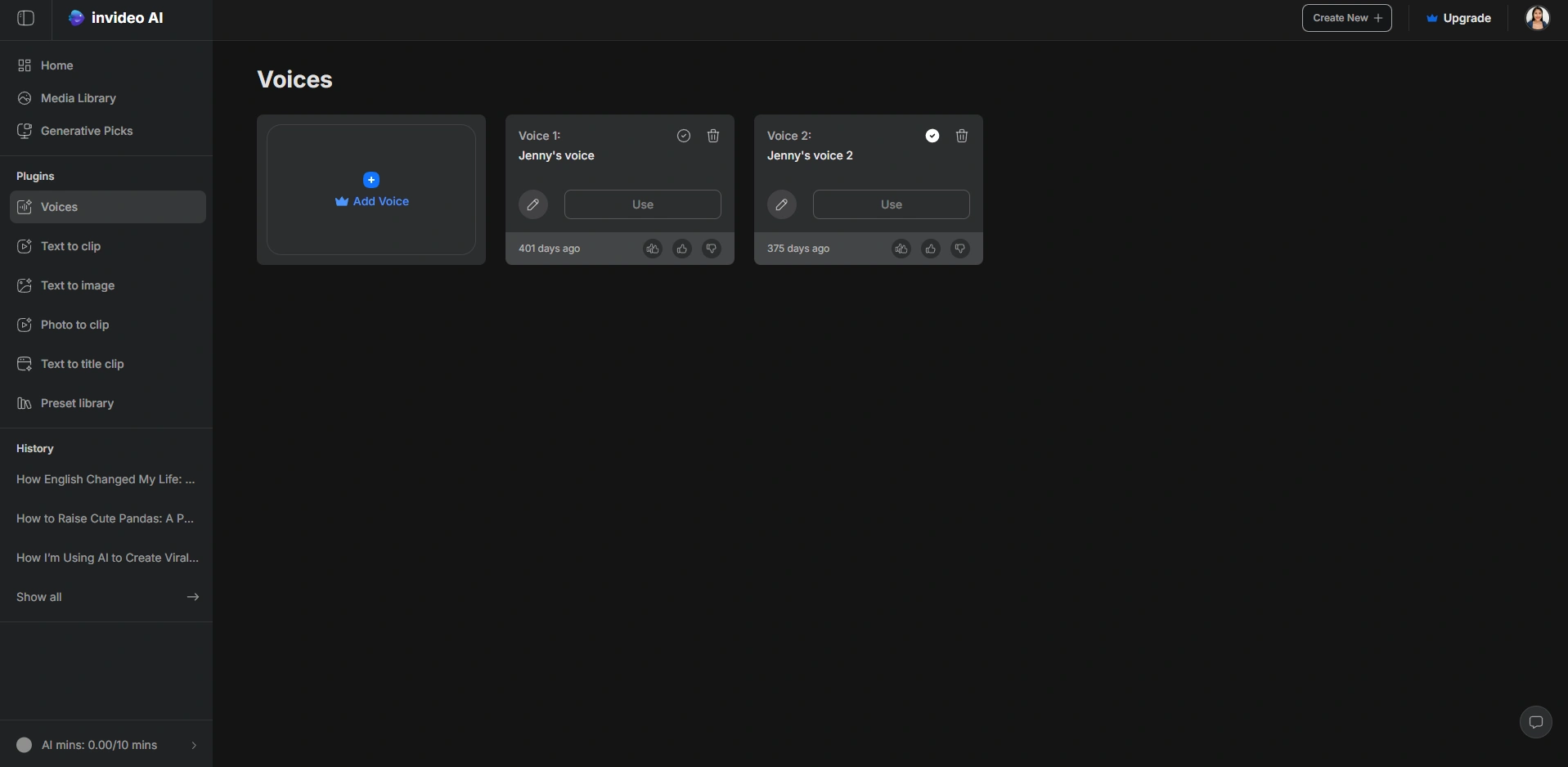 Invideo AI voice dashboard with custom options.