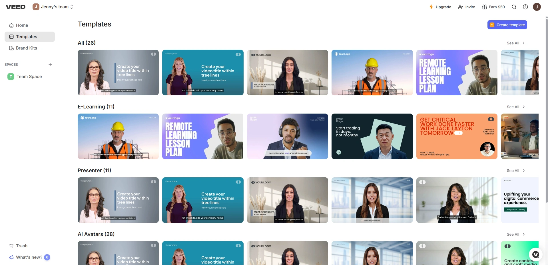 VEED's template section displaying sample video thumbnails.