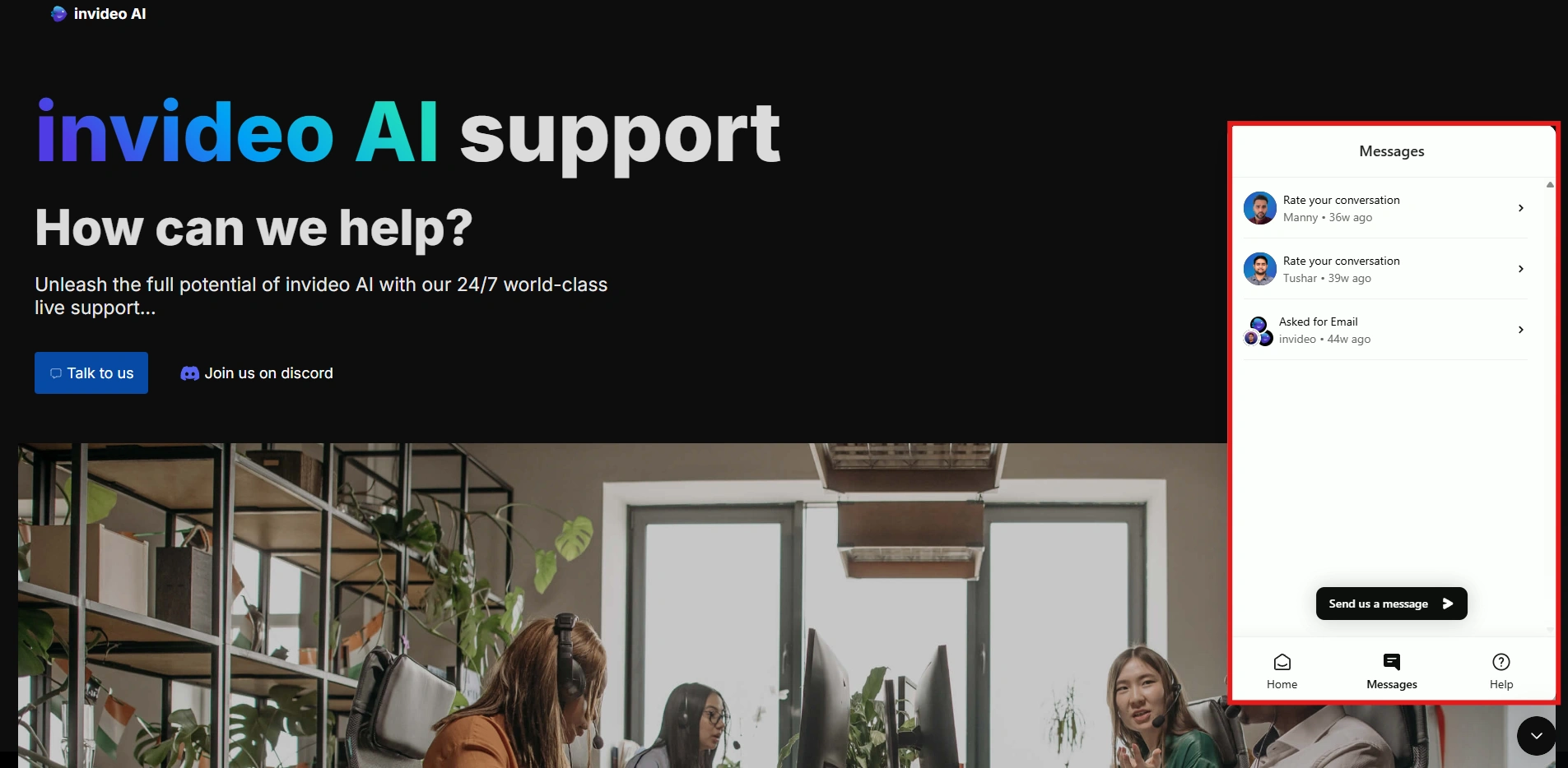 Invideo AI support homepage with message panel.