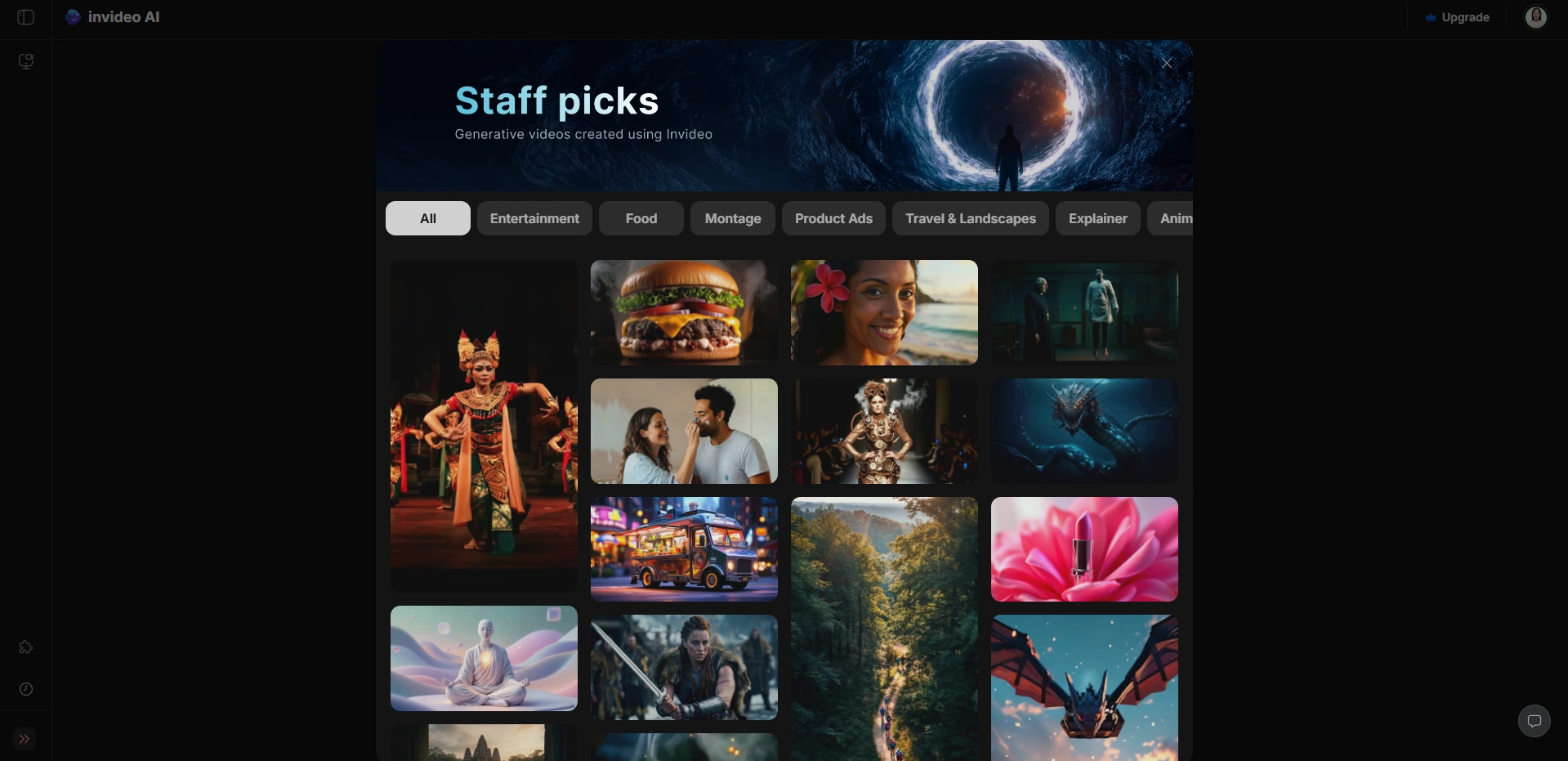 Invideo AI staff picks gallery with categories.
