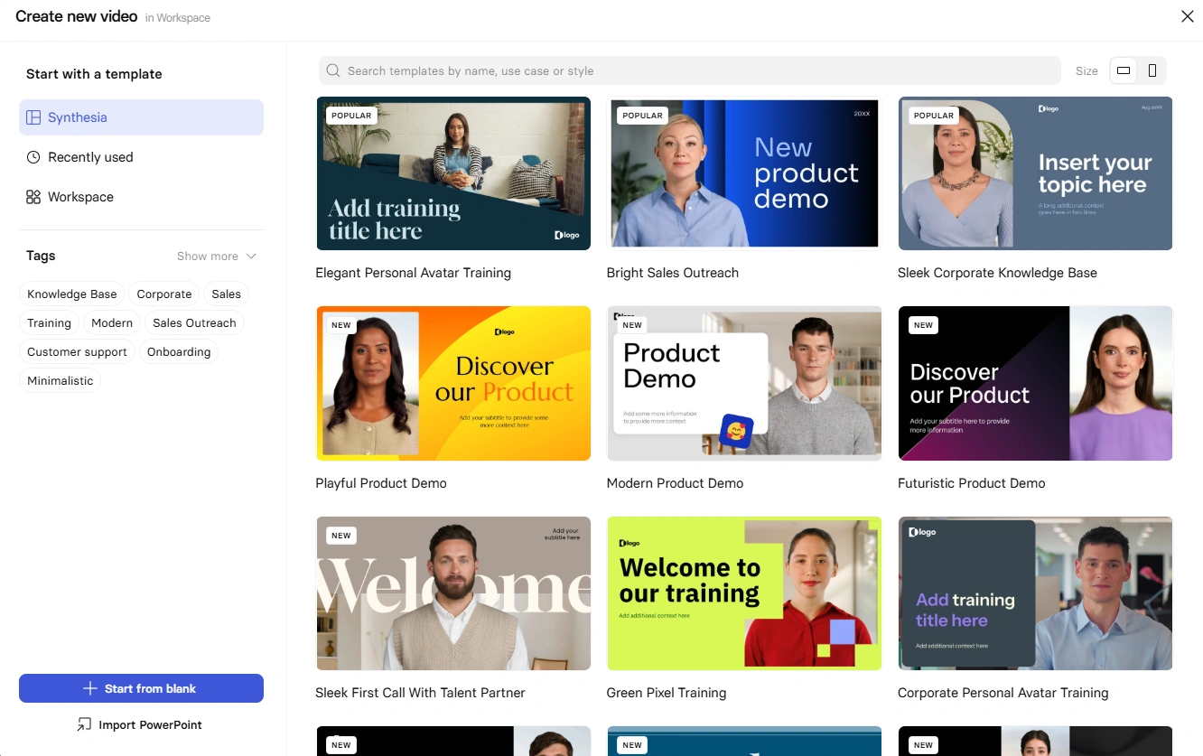 Synthesia's emplate library for sales, training, and onboarding content.