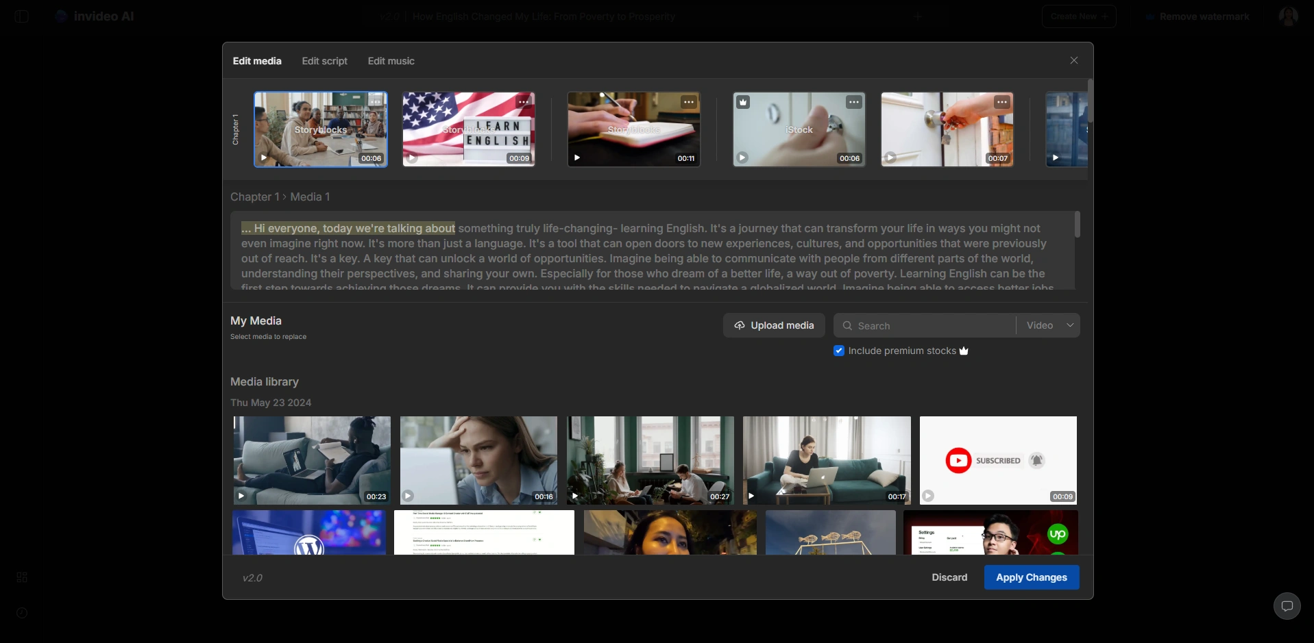 Media library preview below script editor in InVideo AI.