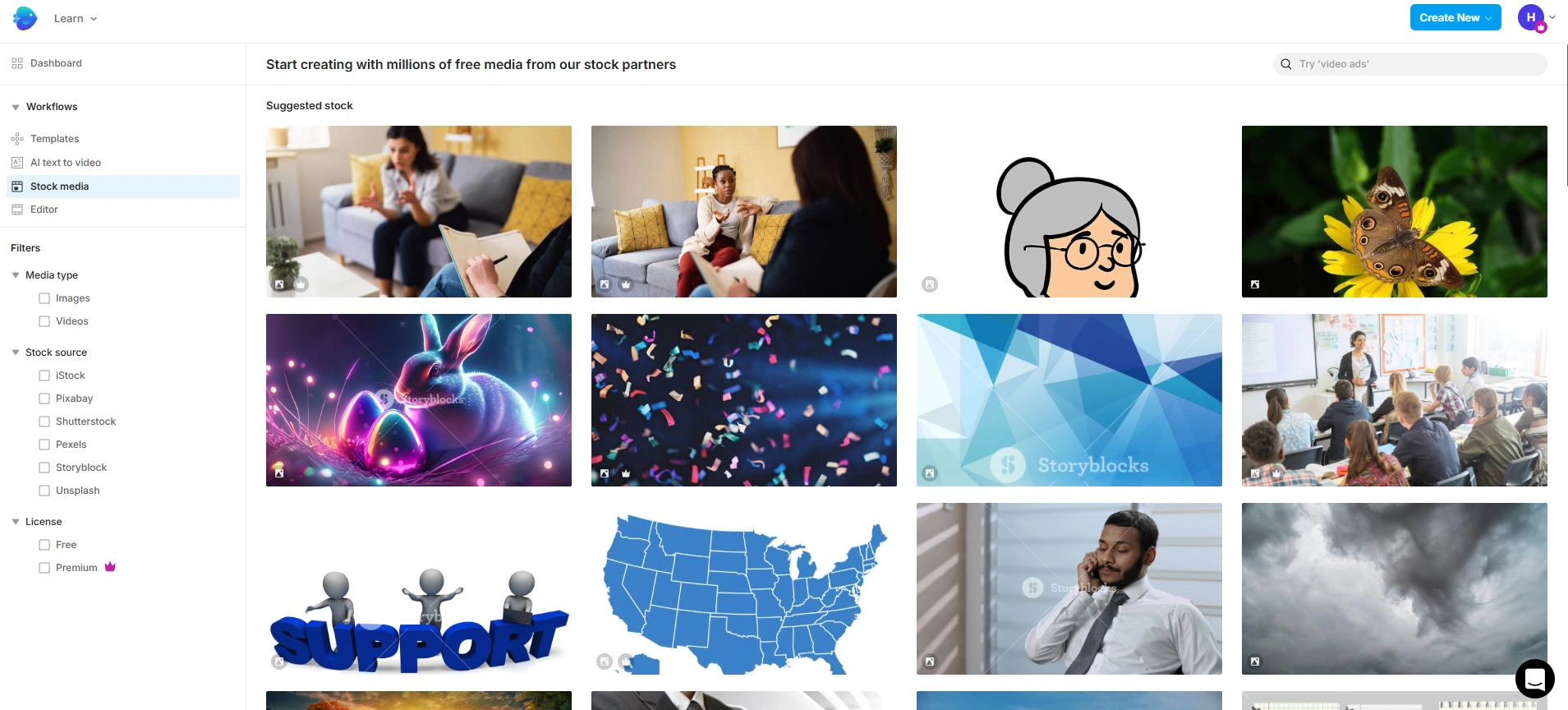 InVideo's media library showing suggested images.